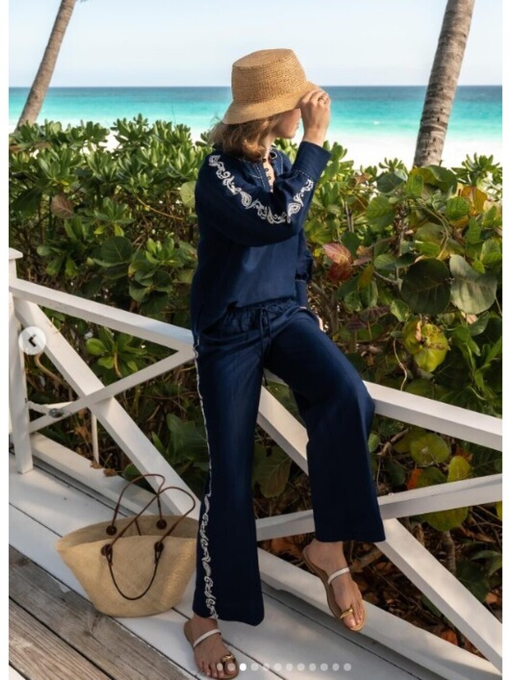 Cartolina Nantucket Set: Marisol Top & Isla Pant Navy Linen Blend Sz M NWT
